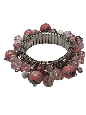 Pink Beaded Cha Cha Stretch Bracelet Floral Dangle Cluster Cottagecore Romantic